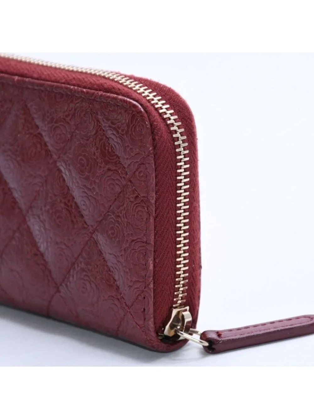 Chanel Camellia Embossed Quilted Zip Around Coin Purse Calfskin CC Logo